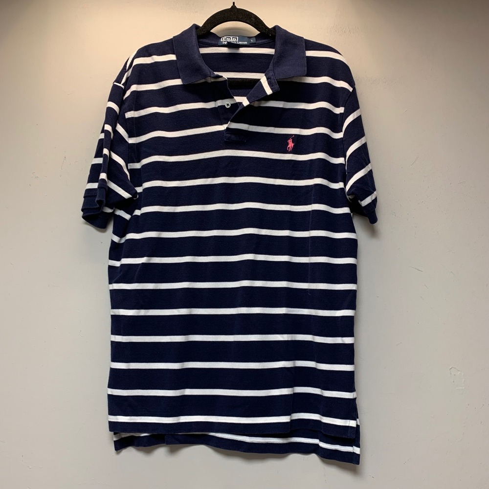Polo Ralph Lauren Polo Shirt Mens L Navy Blue White Striped Excellent Cotton